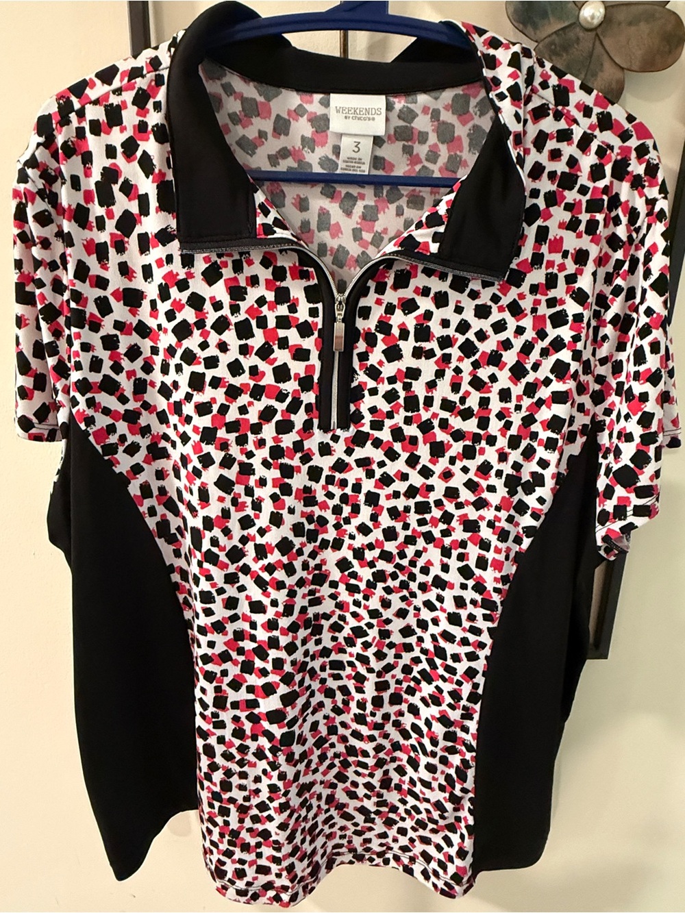 Chico's Short-Sleeve Zip Polo in Black, White & Pink Abstract Print